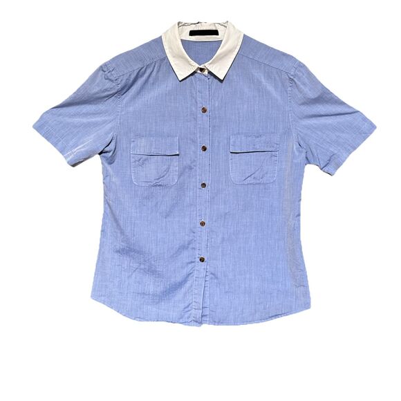 Jenni Kayne Size M Button Down Short Sleeve Shirt Blue White Pockets - Picture 1 of 6